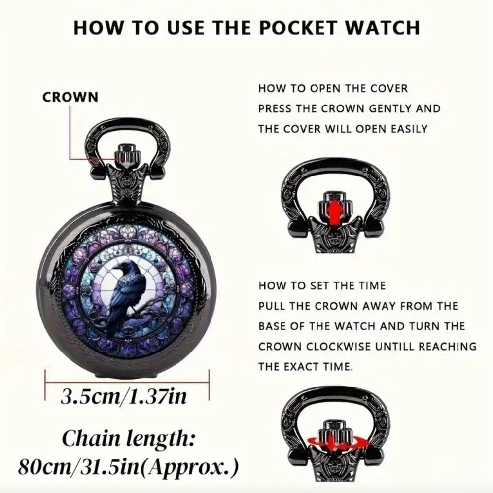 Black Pocket Watch with Raven Design - Picture 5 of 5